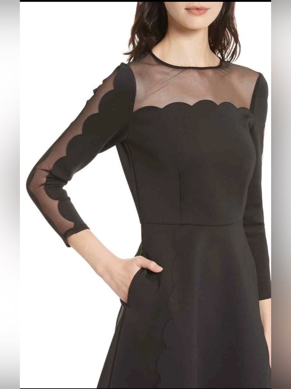 Ted Baker Black Scallop-Edge Long Sleeve Dress KIKOH TB 4 US 10